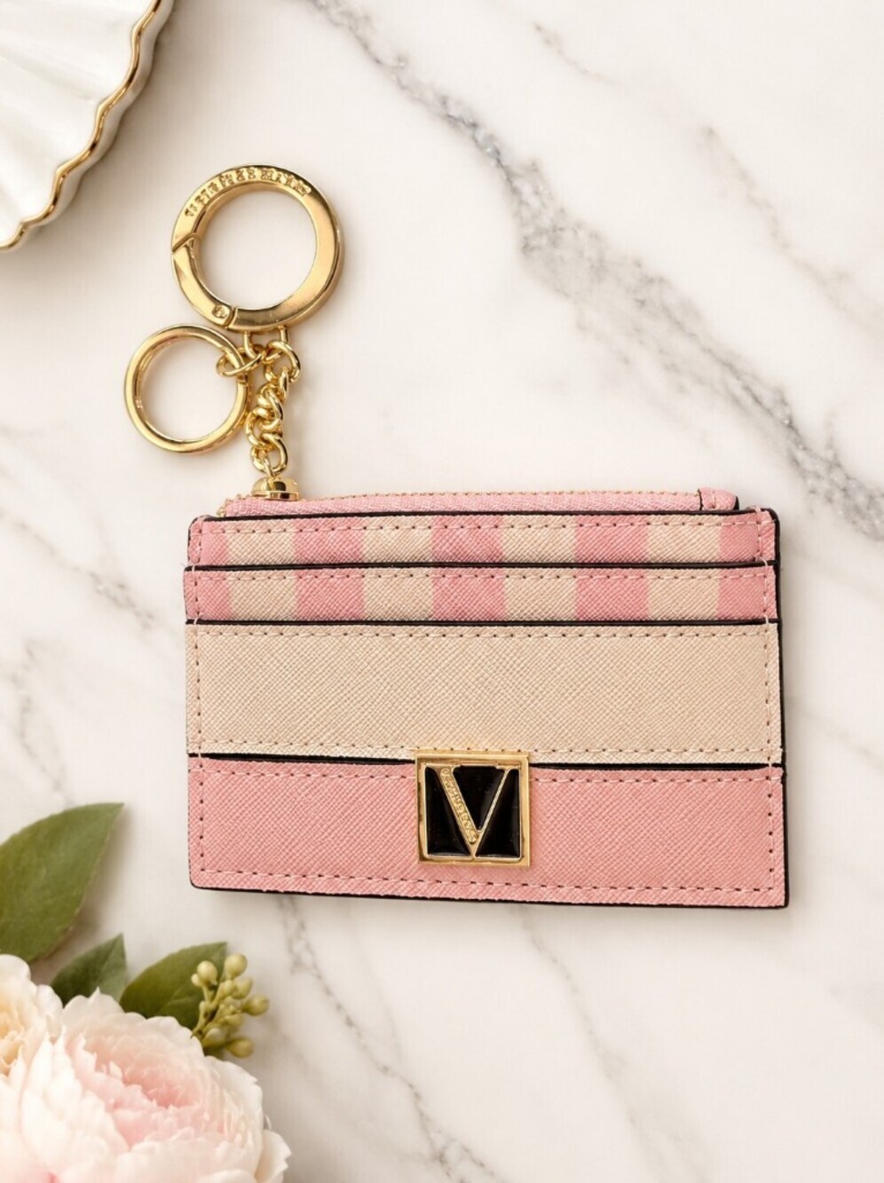 Victoria's Secret Pink & Cream Stripe Card Holder Keychain Wallet NWOT Zip Coin